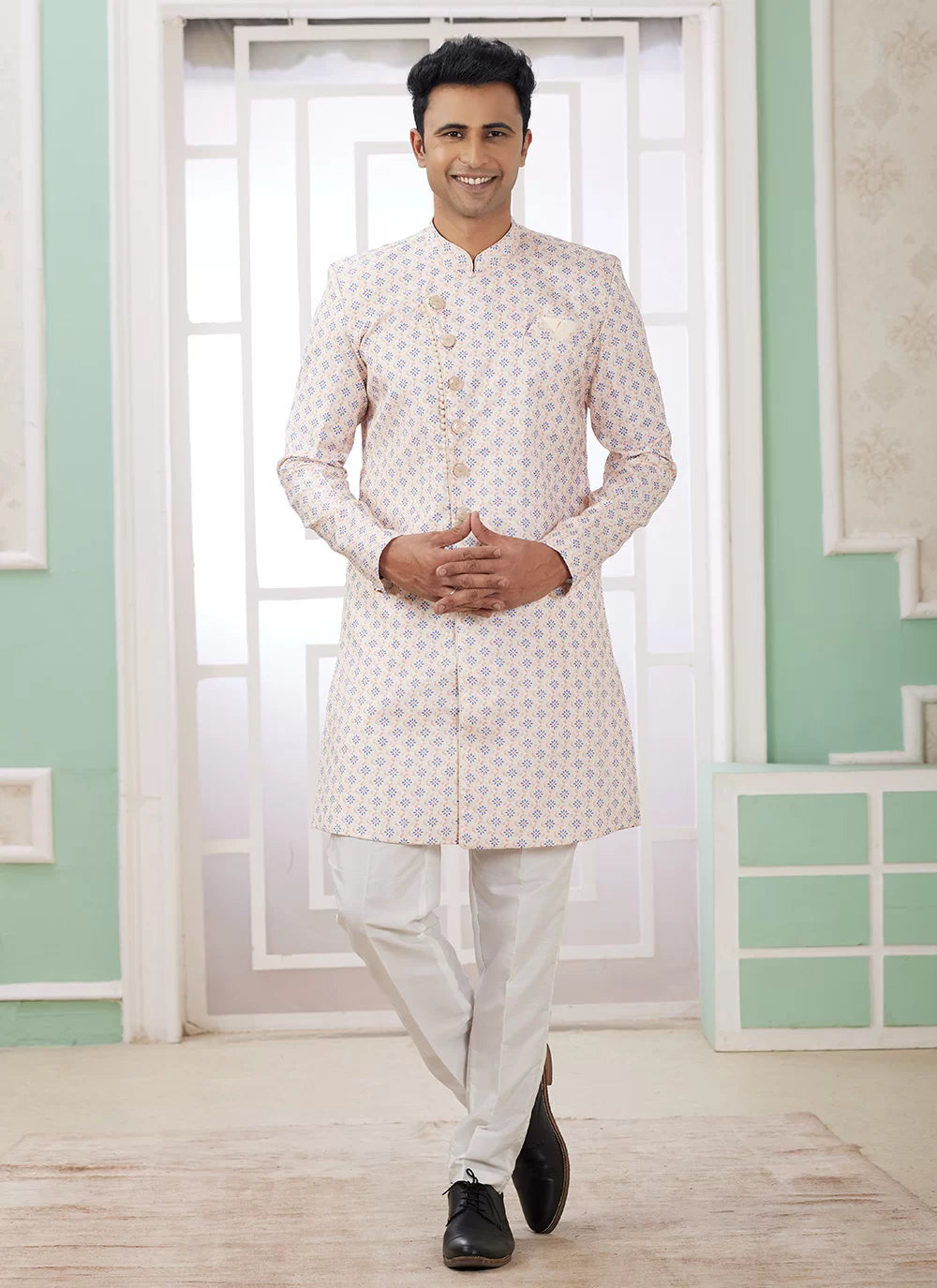 Raivat Ethnic Banarasi Jacquard Embroidery Indo Western Sherwani In Cream Blue Colour | Grocsy