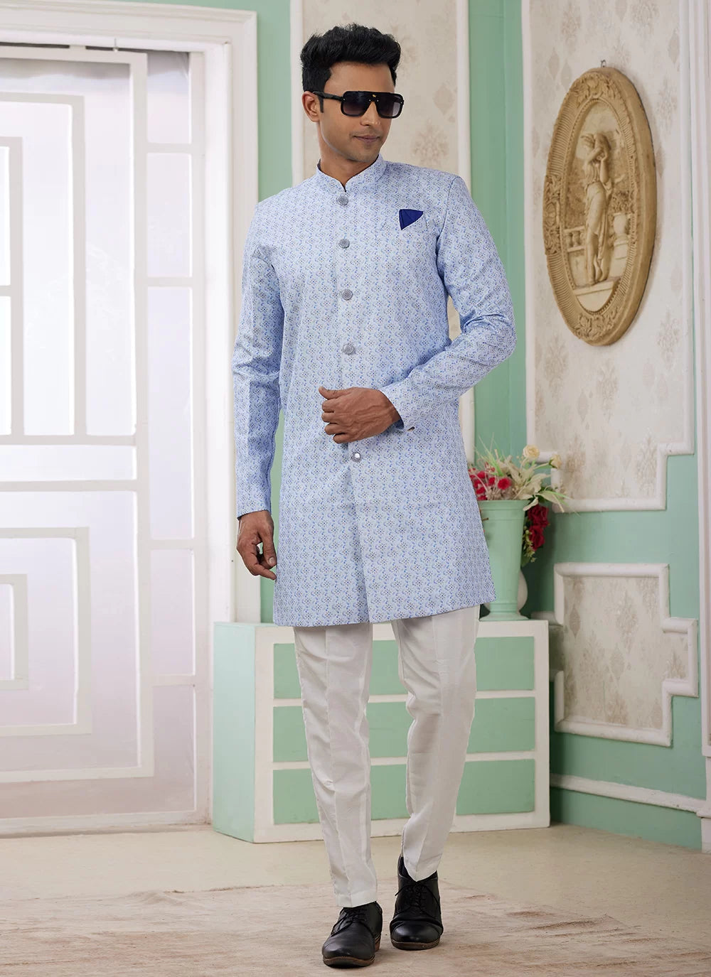 Raivat Ethnic Banarasi Jacquard Embroidery Indo Western Sherwani In Blue Colour | Grocsy