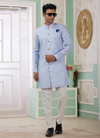 Raivat Ethnic Banarasi Jacquard Embroidery Indo Western Sherwani In Blue Colour | Grocsy