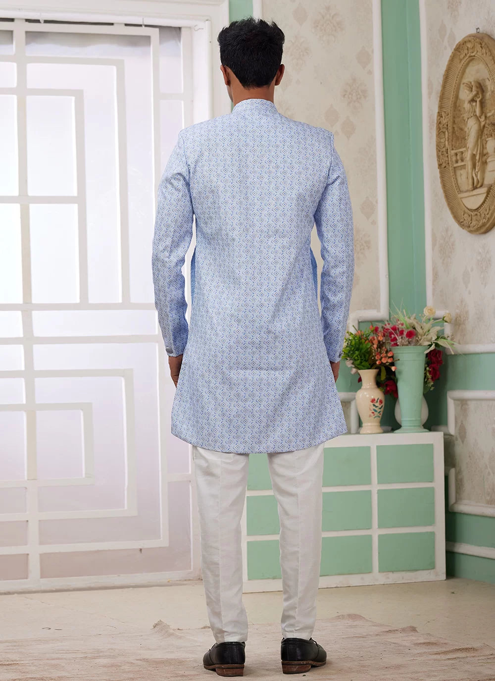 Raivat Ethnic Banarasi Jacquard Embroidery Indo Western Sherwani In Blue Colour | Grocsy