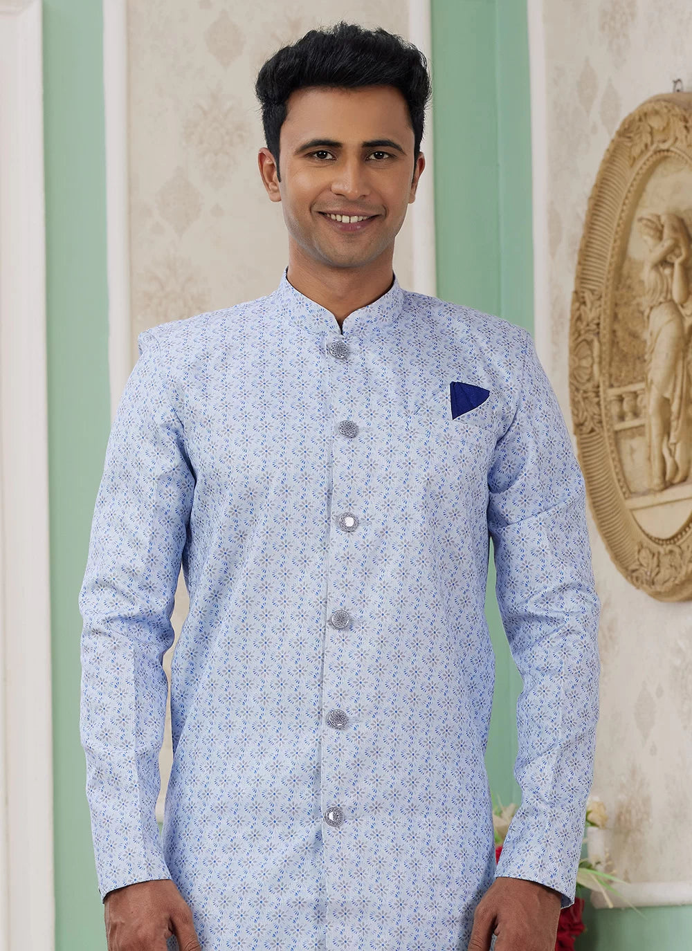 Raivat Ethnic Banarasi Jacquard Embroidery Indo Western Sherwani In Blue Colour | Grocsy