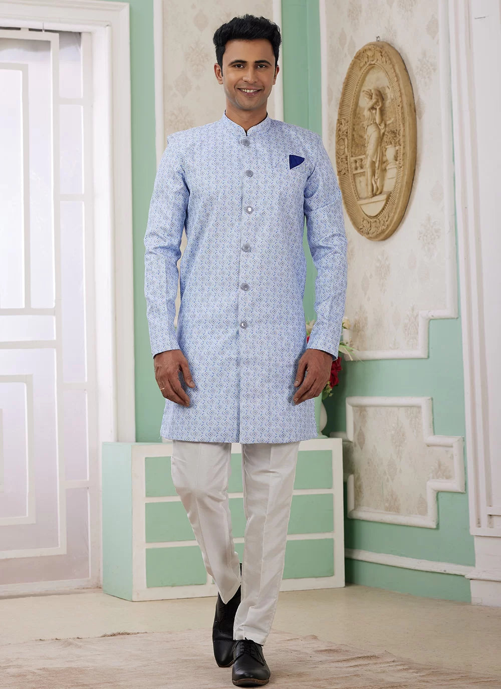 Raivat Ethnic Banarasi Jacquard Embroidery Indo Western Sherwani In Blue Colour | Grocsy