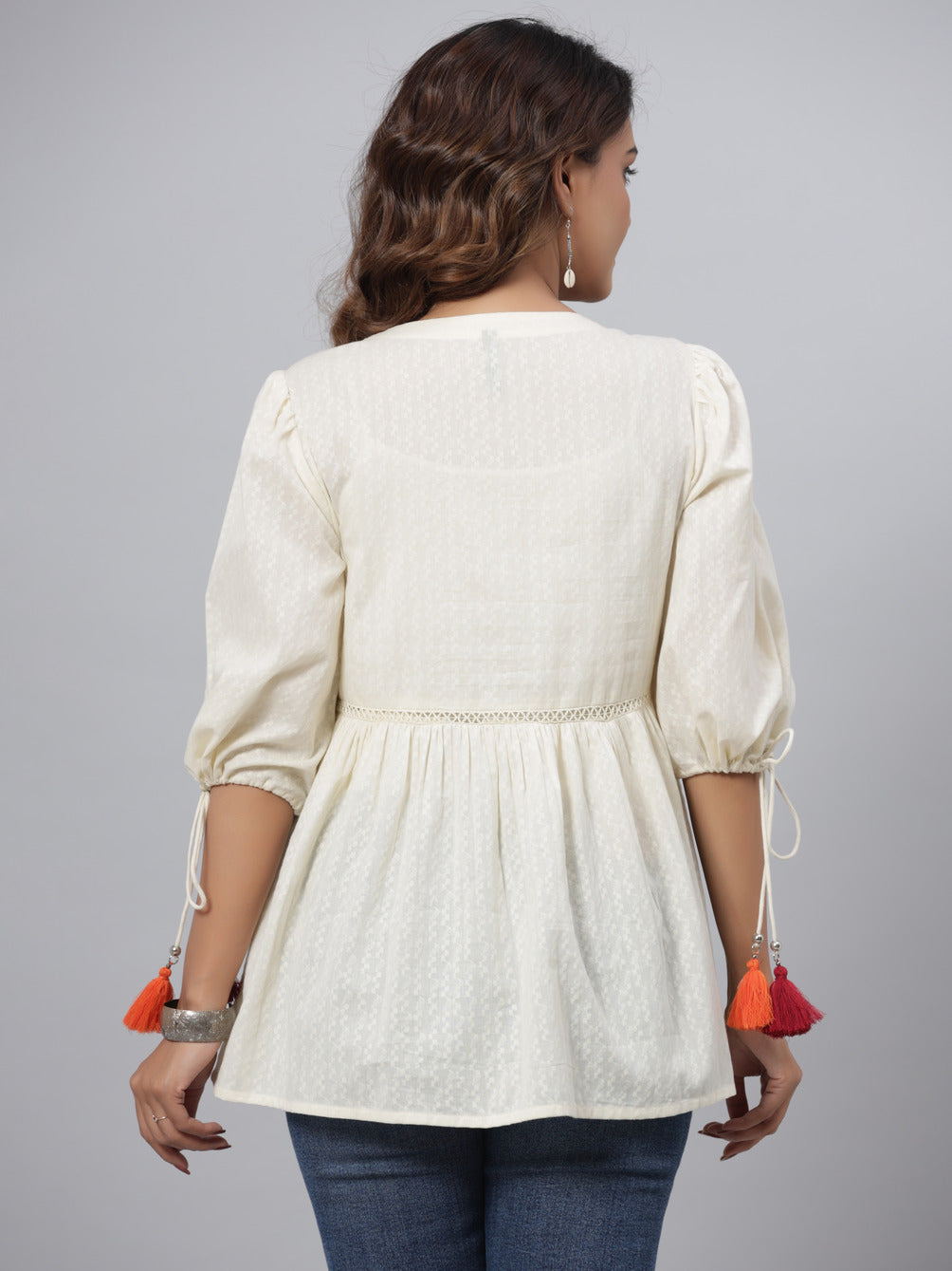 Juniper Off-White Thread & Mirror Embroidered Cotton Dobby Tunic | Grocsy
