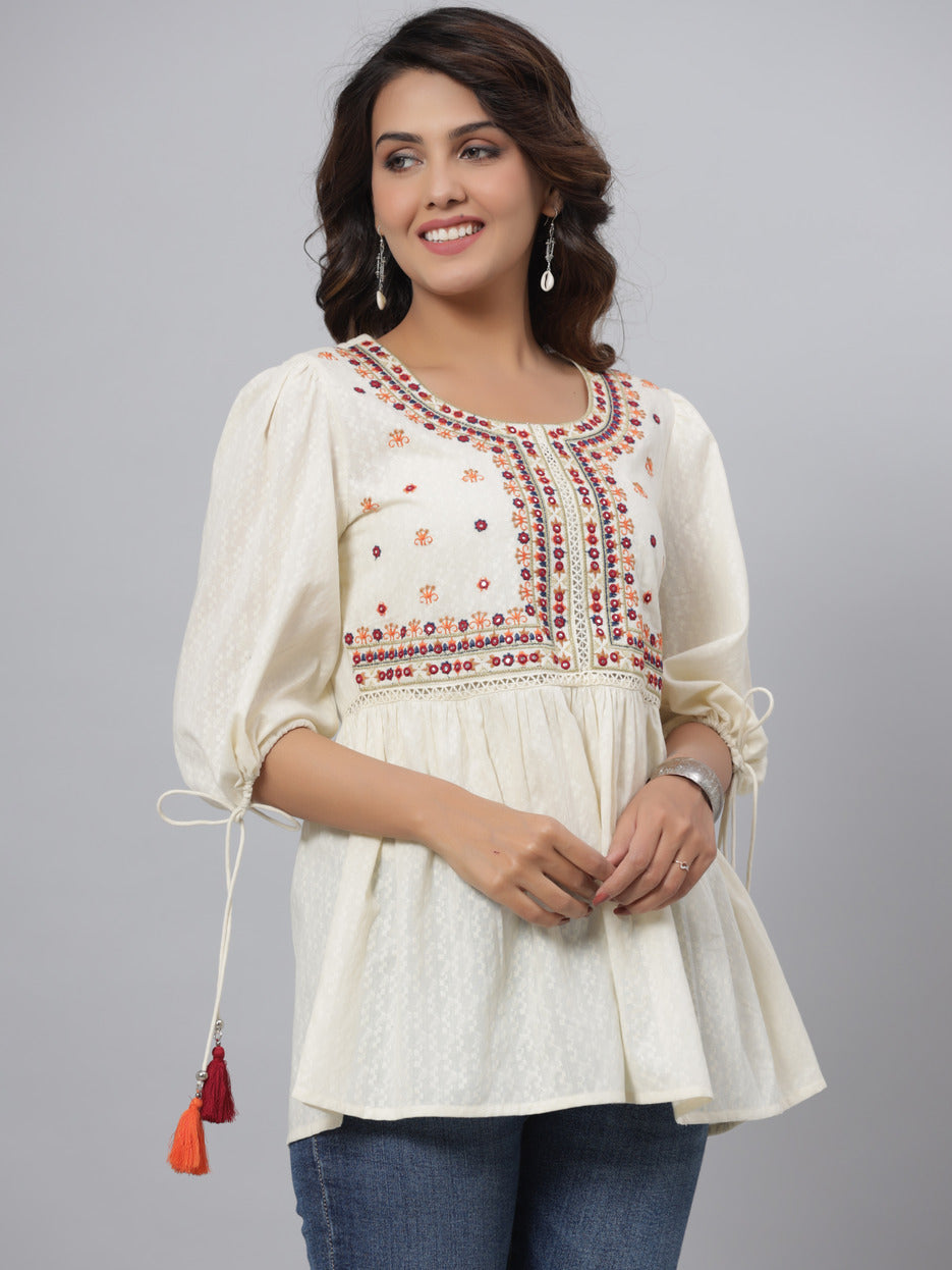 Juniper Off-White Thread & Mirror Embroidered Cotton Dobby Tunic | Grocsy