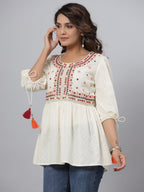 Juniper Off-White Thread & Mirror Embroidered Cotton Dobby Tunic | Grocsy