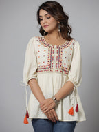 Juniper Off-White Thread & Mirror Embroidered Cotton Dobby Tunic | Grocsy