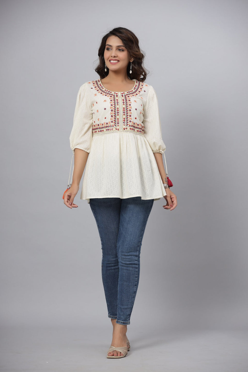 Juniper Off-White Thread & Mirror Embroidered Cotton Dobby Tunic | Grocsy