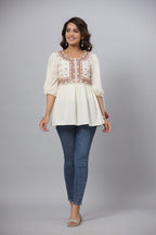Juniper Off-White Thread & Mirror Embroidered Cotton Dobby Tunic | Grocsy