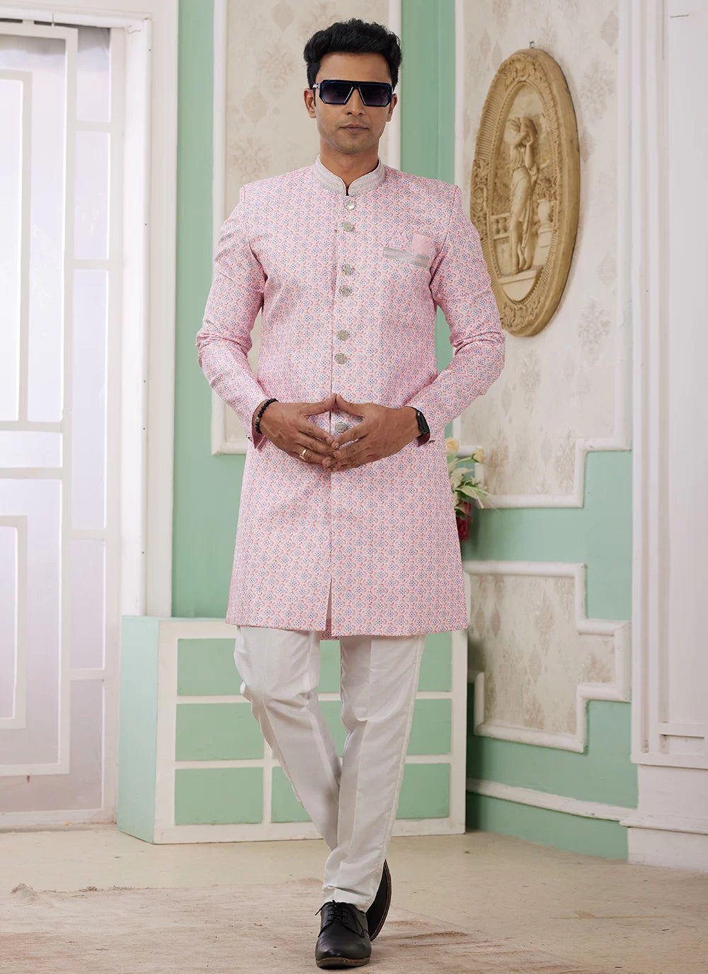 Raivat Ethnic Banarasi Jacquard Embroidery Indo Western Sherwani In Pink Colour | Grocsy