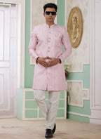 Raivat Ethnic Banarasi Jacquard Embroidery Indo Western Sherwani In Pink Colour | Grocsy