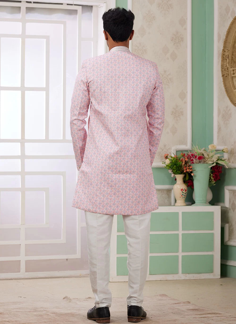 Raivat Ethnic Banarasi Jacquard Embroidery Indo Western Sherwani In Pink Colour | Grocsy