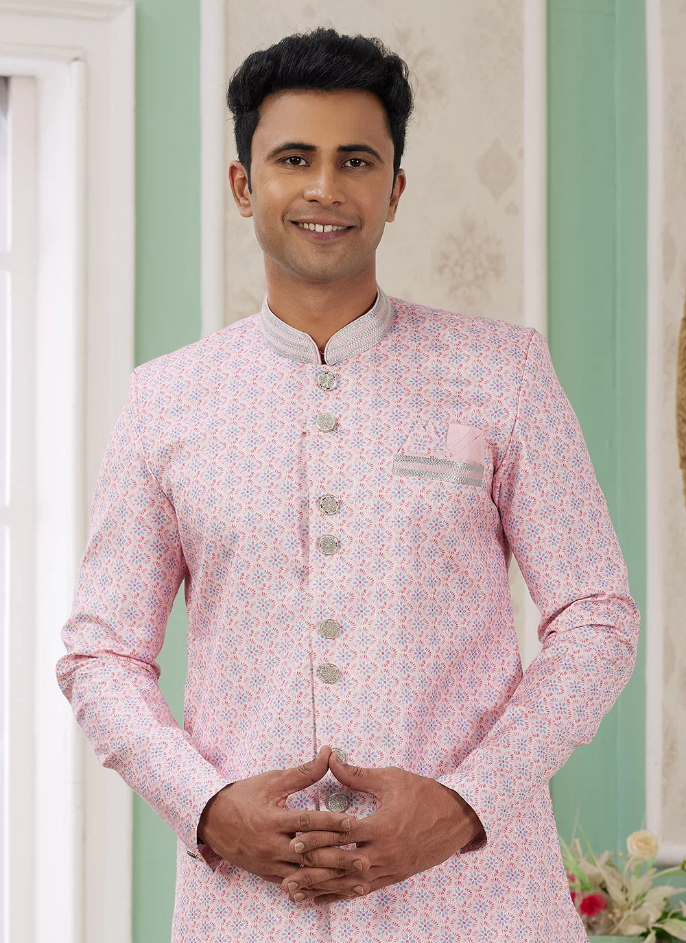 Raivat Ethnic Banarasi Jacquard Embroidery Indo Western Sherwani In Pink Colour | Grocsy