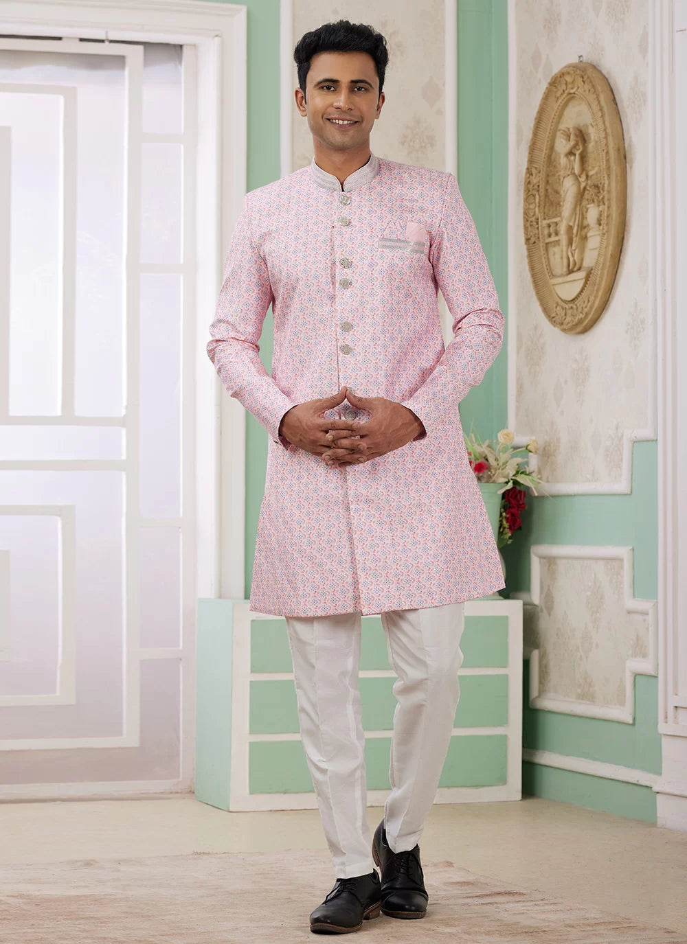 Raivat Ethnic Banarasi Jacquard Embroidery Indo Western Sherwani In Pink Colour | Grocsy