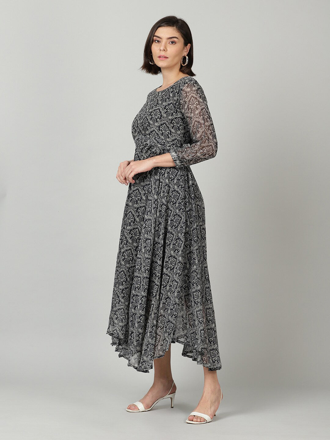 Souchii Women Grey & Black Ethnic Motifs Chiffon A-Line Midi Dress | Grocsy