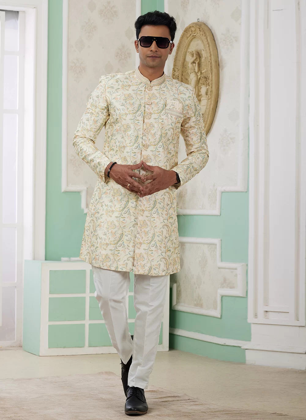 Raivat Ethnic Banarasi Jacquard Embroidery Indo Western Sherwani In Yellow Colour | Grocsy