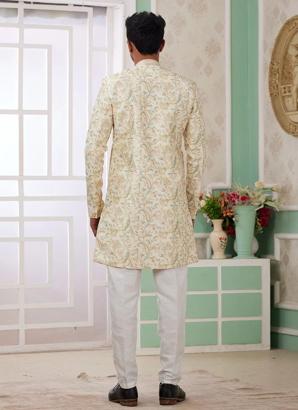 Raivat Ethnic Banarasi Jacquard Embroidery Indo Western Sherwani In Yellow Colour | Grocsy