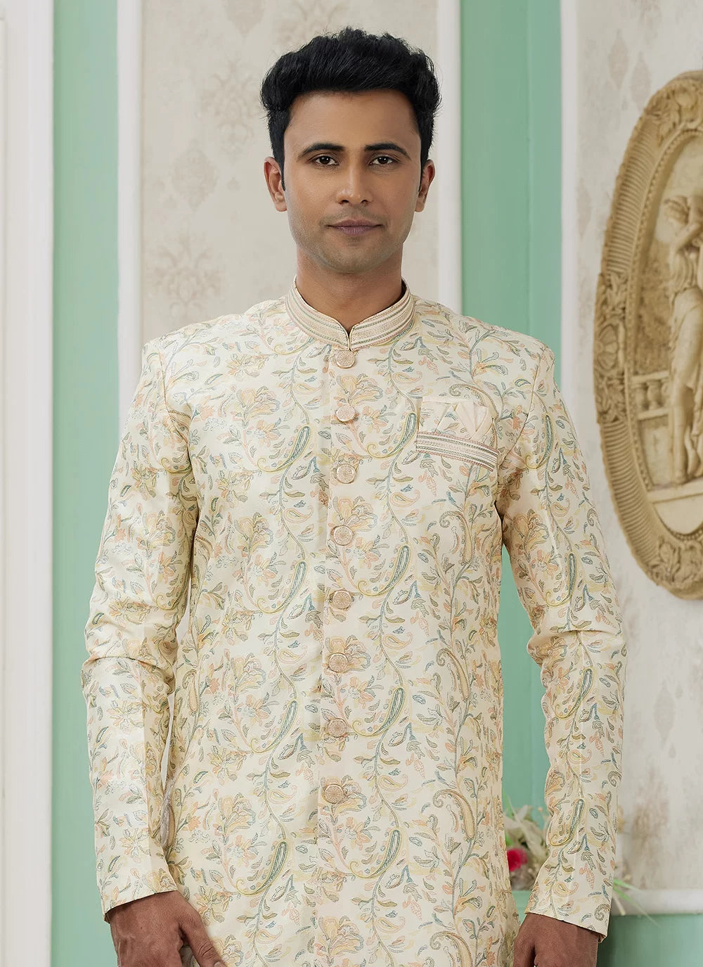 Raivat Ethnic Banarasi Jacquard Embroidery Indo Western Sherwani In Yellow Colour | Grocsy