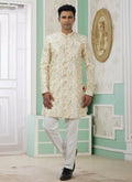 Raivat Ethnic Banarasi Jacquard Embroidery Indo Western Sherwani In Yellow Colour | Grocsy