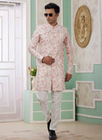 Raivat Ethnic Banarasi Jacquard Embroidery Indo Western Sherwani In Peach Colour | Grocsy