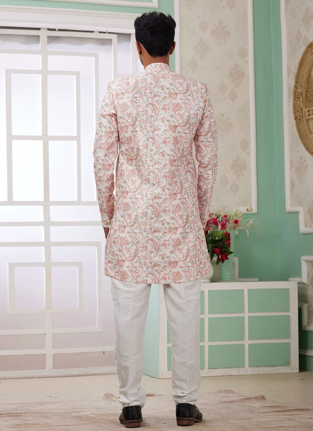 Raivat Ethnic Banarasi Jacquard Embroidery Indo Western Sherwani In Peach Colour | Grocsy