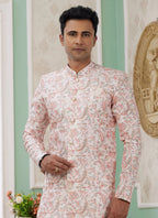 Raivat Ethnic Banarasi Jacquard Embroidery Indo Western Sherwani In Peach Colour | Grocsy