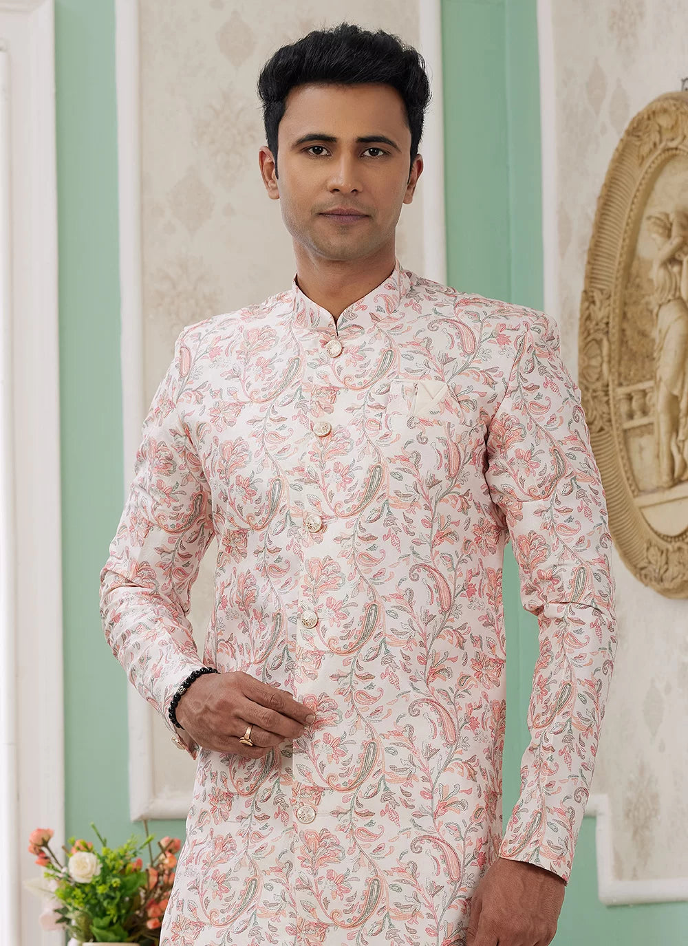 Raivat Ethnic Banarasi Jacquard Embroidery Indo Western Sherwani In Peach Colour | Grocsy