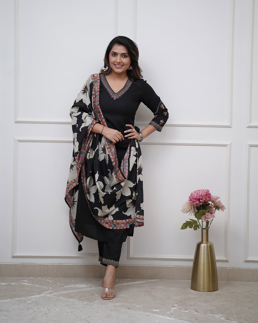 Vellora Viscose Silk Black Daily Wear Sequins Work Readymade Kurti Set | Grocsy