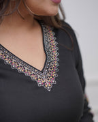 Vellora Viscose Silk Black Daily Wear Sequins Work Readymade Kurti Set | Grocsy