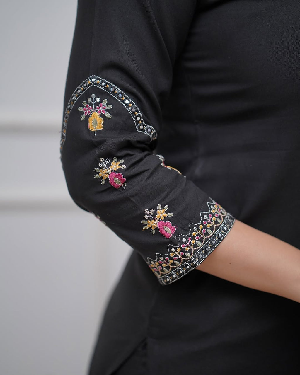 Vellora Viscose Silk Black Daily Wear Sequins Work Readymade Kurti Set | Grocsy