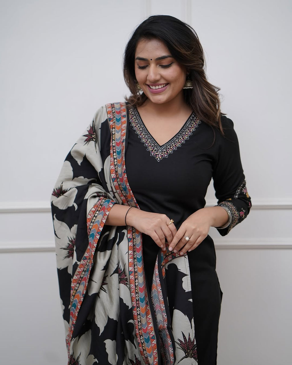 Vellora Viscose Silk Black Daily Wear Sequins Work Readymade Kurti Set | Grocsy