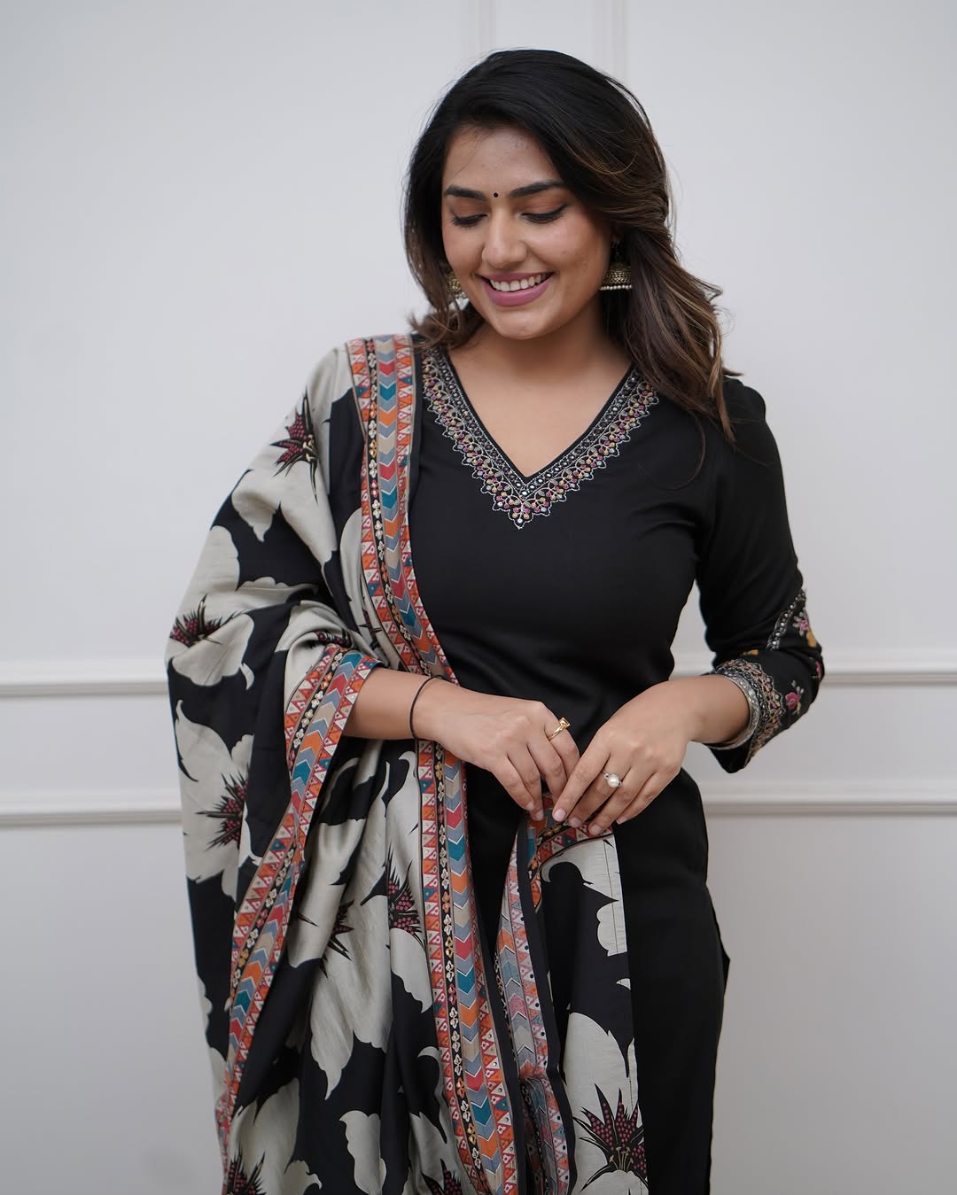 Vellora Viscose Silk Black Daily Wear Sequins Work Readymade Kurti Set | Grocsy