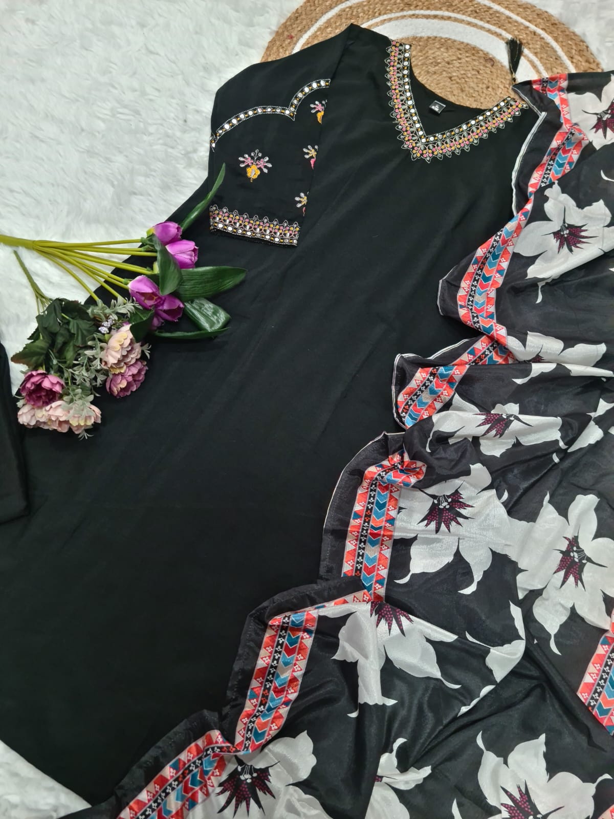 Vellora Viscose Silk Black Daily Wear Sequins Work Readymade Kurti Set | Grocsy