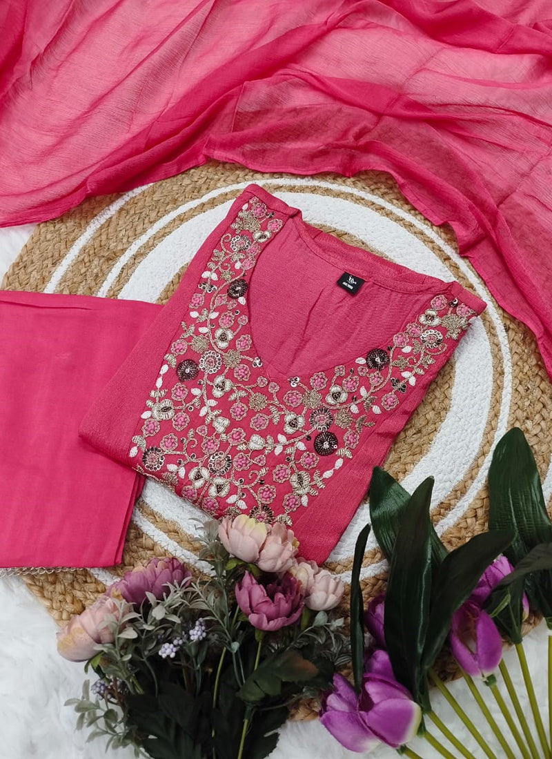 Vellora Viscose Chiffon Pink Daily Wear Sequins Work Readymade Kurti Set | Grocsy