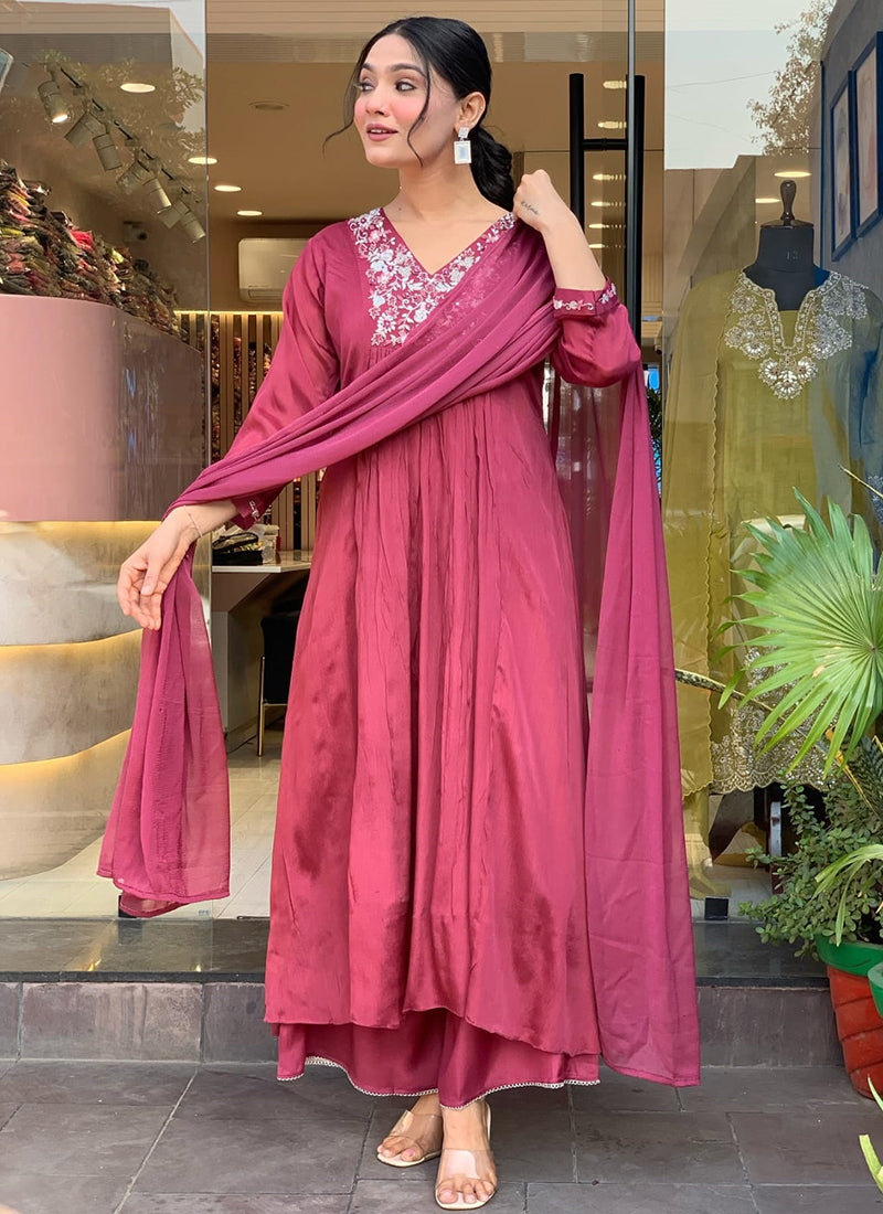 Vellora Viscose Chiffon Pink Daily Wear Sequins Work Readymade Kurti Set | Grocsy
