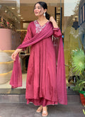 Vellora Viscose Chiffon Pink Daily Wear Sequins Work Readymade Kurti Set | Grocsy