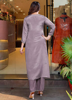 Vellora Viscose Chinnon Brown Daily Wear Sequins Work Readymade Kurti Set | Grocsy