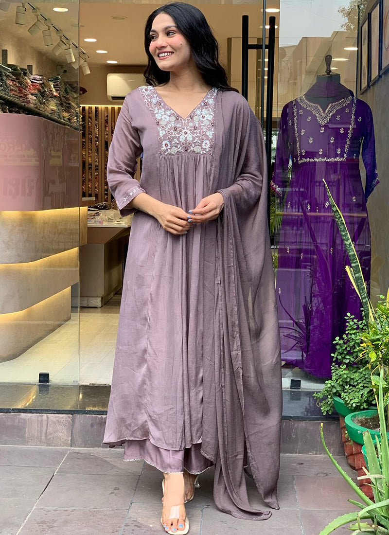 Vellora Viscose Chinnon Brown Daily Wear Sequins Work Readymade Kurti Set | Grocsy
