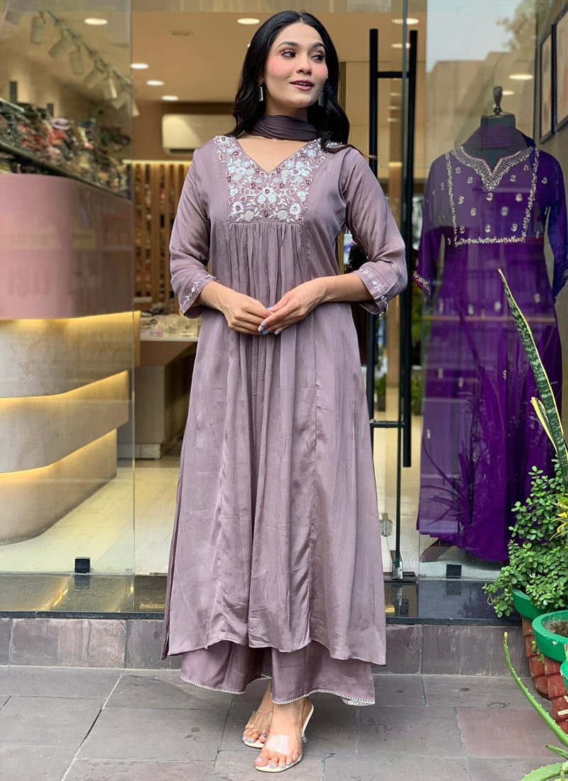 Vellora Viscose Chinnon Brown Daily Wear Sequins Work Readymade Kurti Set | Grocsy