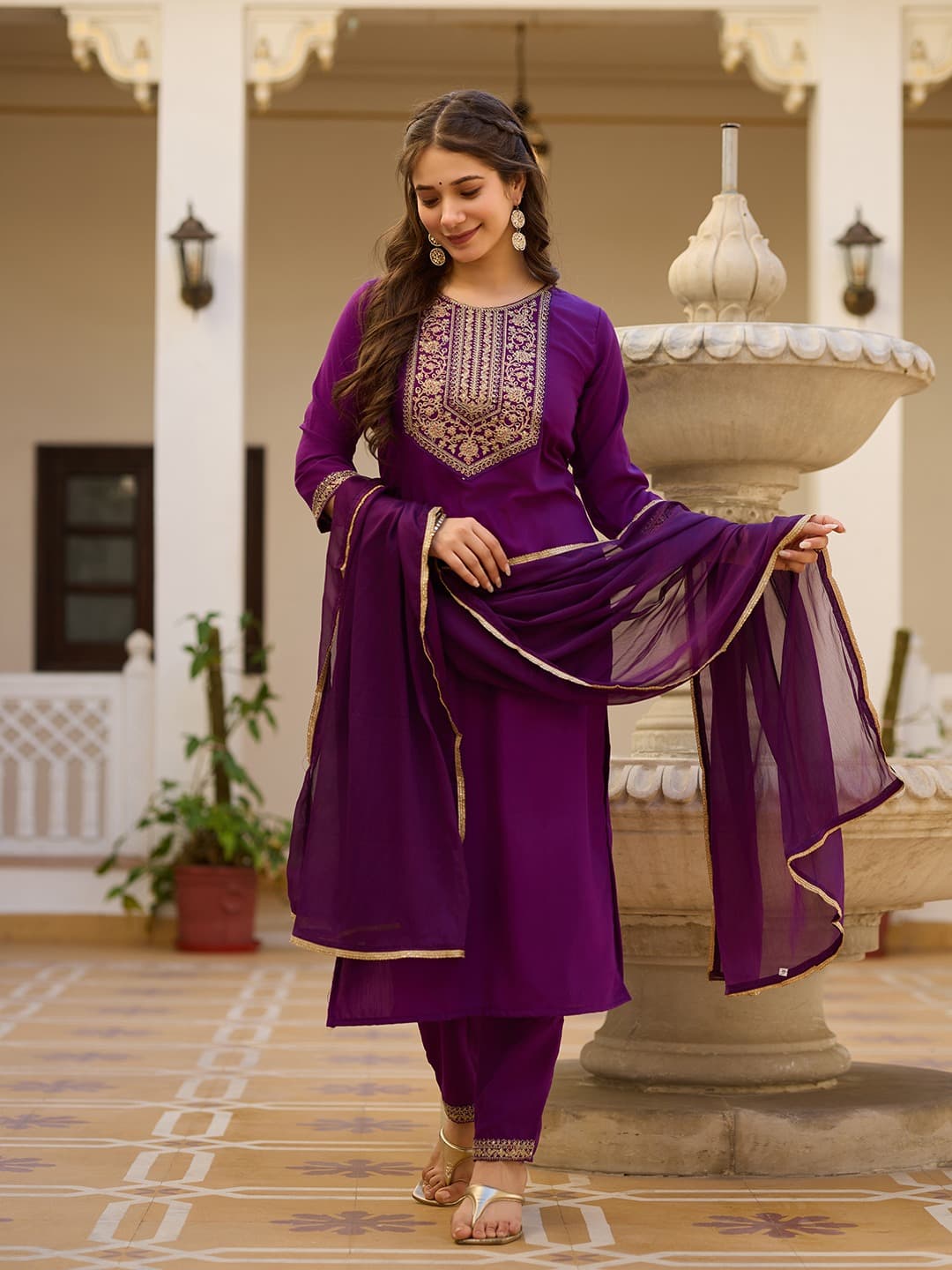 Vellora Rayon Slub Purple Daily Wear Sequins Work Readymade Suit | Grocsy