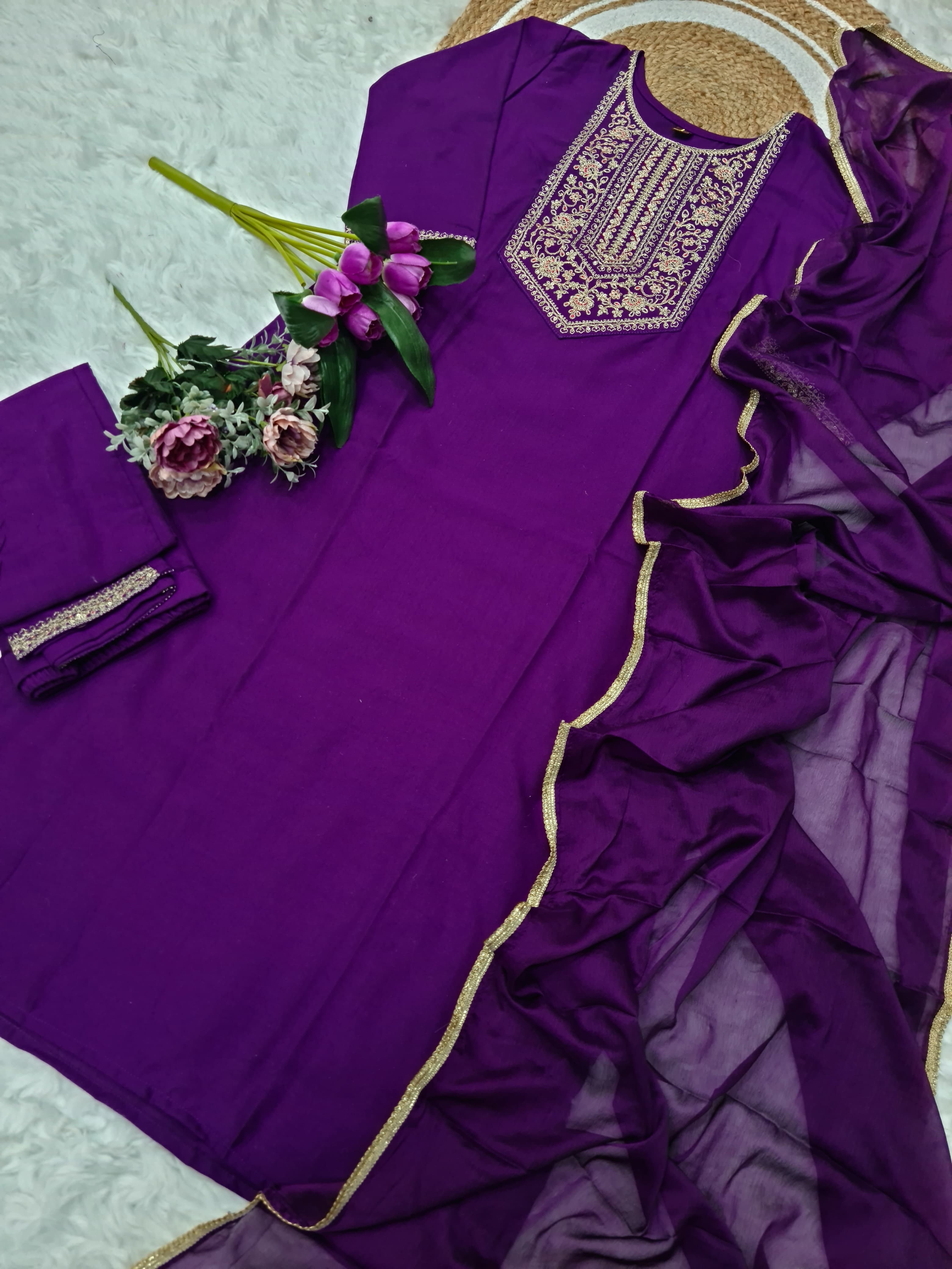 Vellora Rayon Slub Purple Daily Wear Sequins Work Readymade Suit | Grocsy