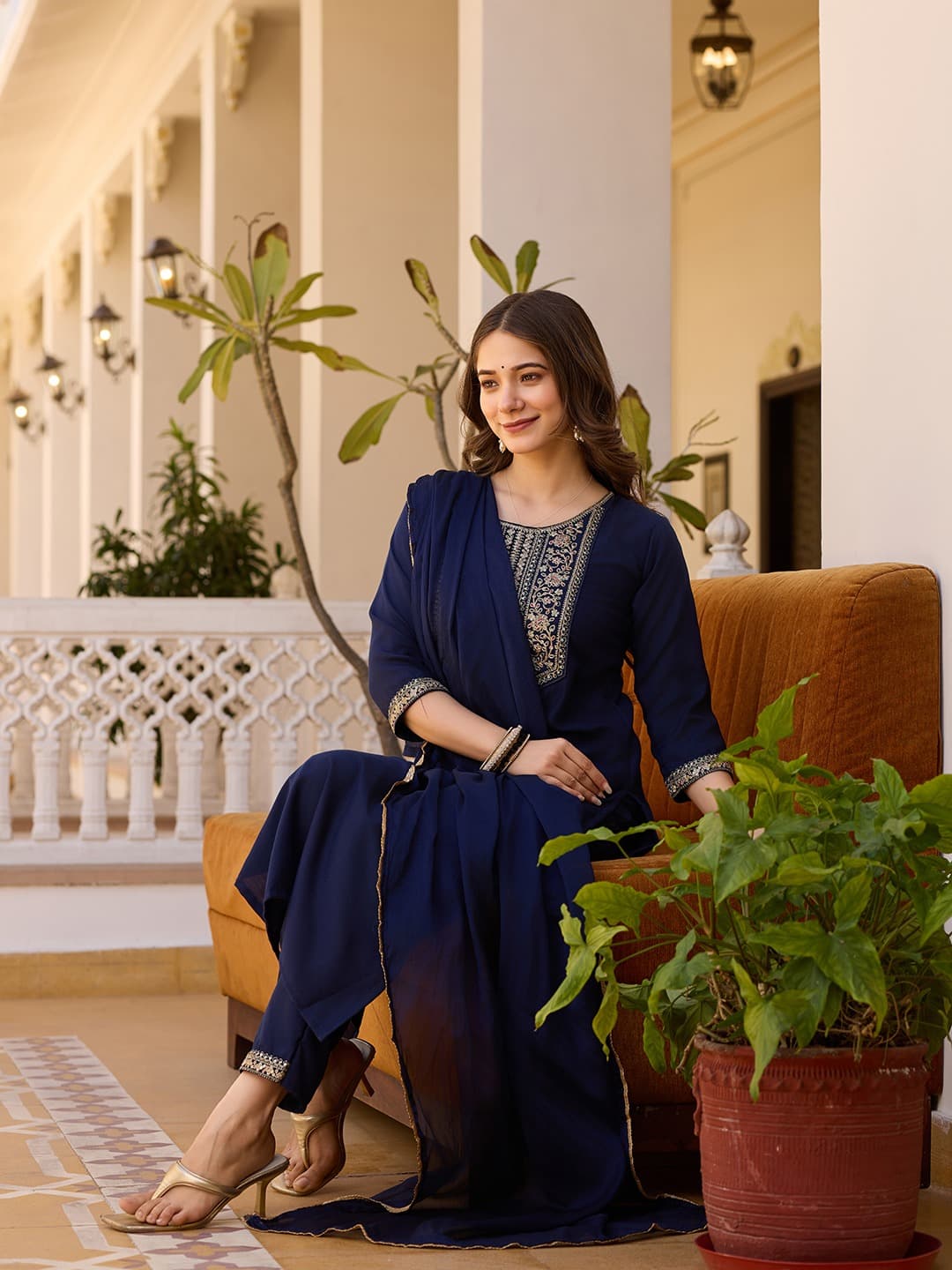 Vellora Rayon Slub Navy Blue Daily Wear Sequins Work Readymade Suit | Grocsy