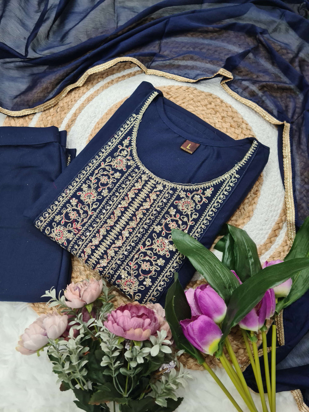 Vellora Rayon Slub Navy Blue Daily Wear Sequins Work Readymade Suit | Grocsy