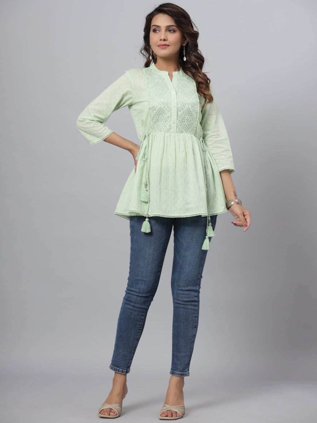 Juniper Green Ethnic Motif Printed Cotton Dobby Tunic With Mirror Work Embroidery | Grocsy