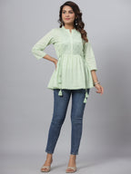 Juniper Green Ethnic Motif Printed Cotton Dobby Tunic With Mirror Work Embroidery | Grocsy