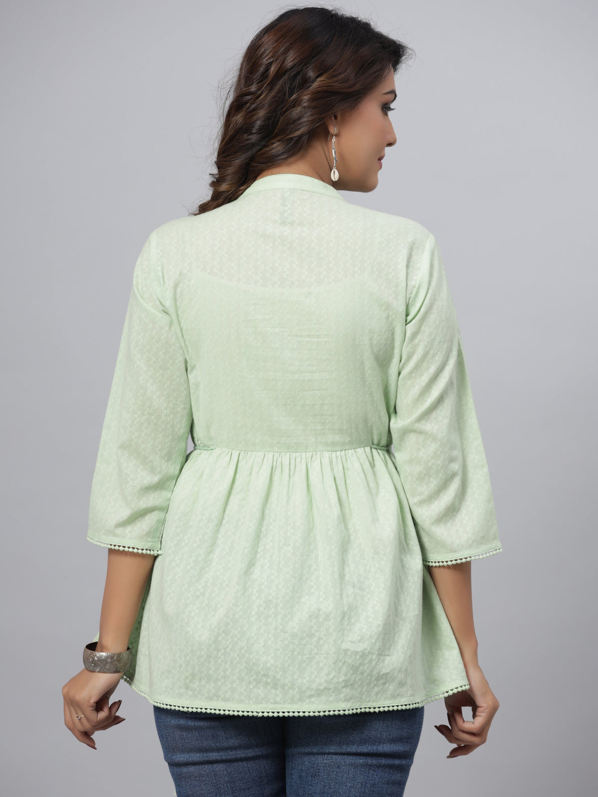 Juniper Green Ethnic Motif Printed Cotton Dobby Tunic With Mirror Work Embroidery | Grocsy