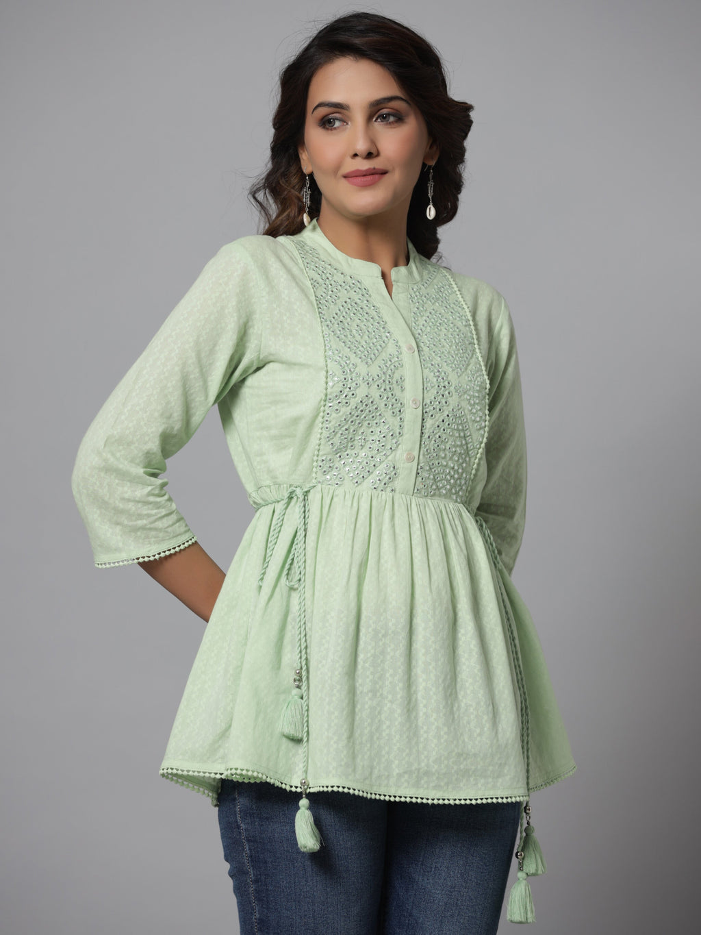 Juniper Green Ethnic Motif Printed Cotton Dobby Tunic With Mirror Work Embroidery | Grocsy