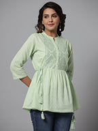 Juniper Green Ethnic Motif Printed Cotton Dobby Tunic With Mirror Work Embroidery | Grocsy