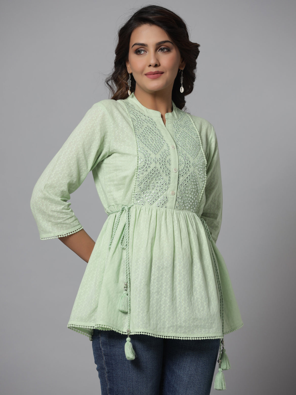 Juniper Green Ethnic Motif Printed Cotton Dobby Tunic With Mirror Work Embroidery | Grocsy