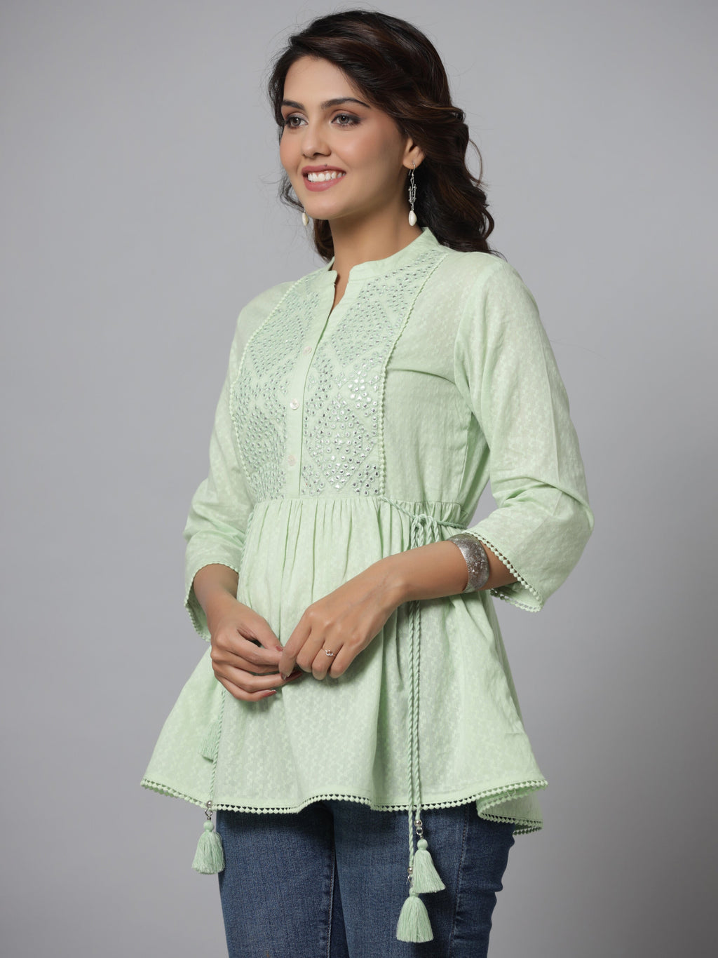 Juniper Green Ethnic Motif Printed Cotton Dobby Tunic With Mirror Work Embroidery | Grocsy
