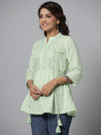 Juniper Green Ethnic Motif Printed Cotton Dobby Tunic With Mirror Work Embroidery | Grocsy